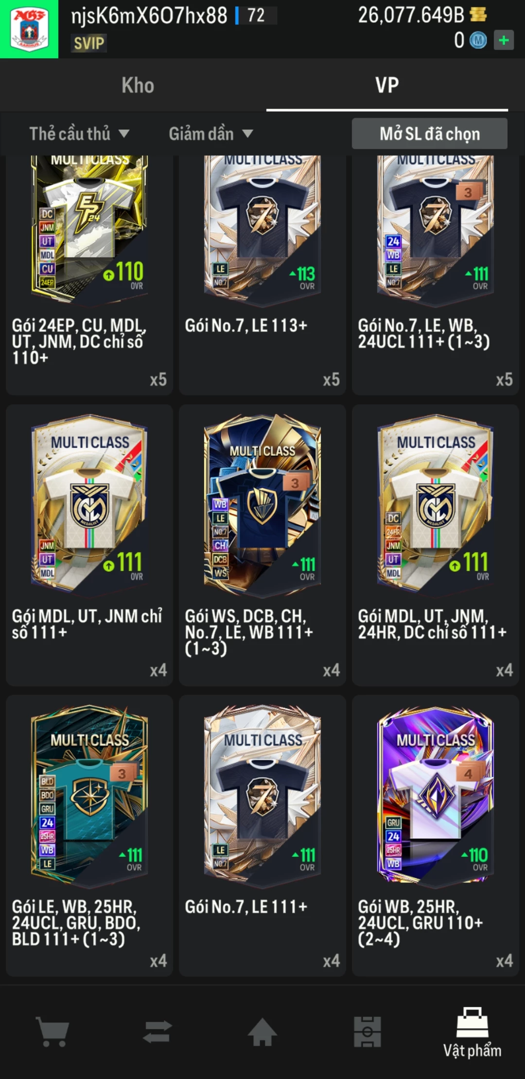 Ảnh ACC mở thẻ (LOẠI SVIP) bao gồm 1 gói thẻ +12 và 500+ đến 600+ thẻ cầu thủ từ Siêu sao đến Miền núi các loại. Có sẵn BP trắng trong acc từ 18.000 tỷ BP đến 26.000 tỷ BP, kèm theo nhiều ngày SVIP